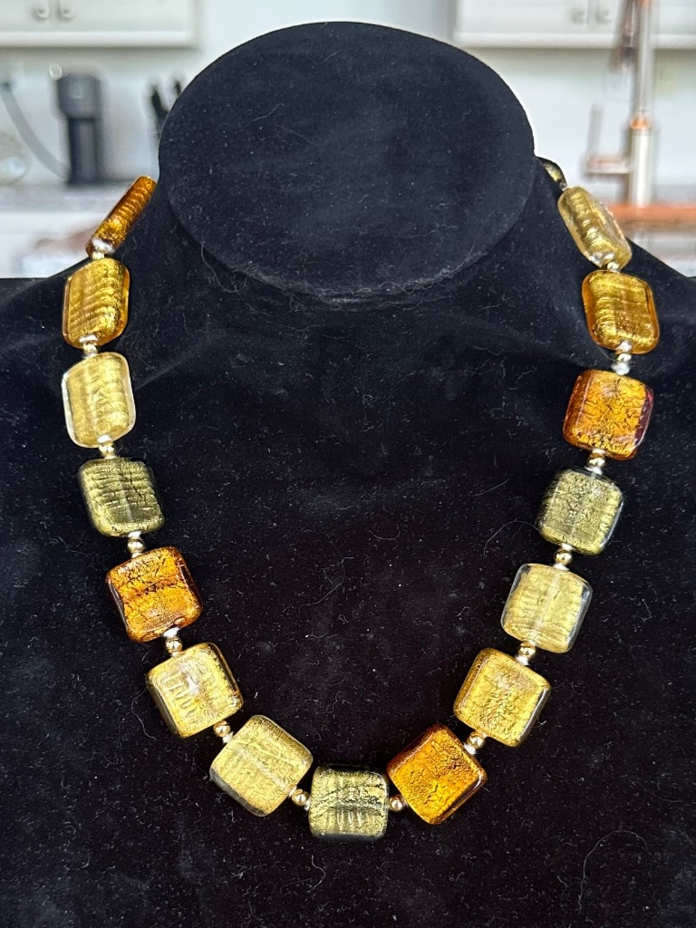 Vintage Venetian Murano Glass Chunky Square Bead Gold Foil Necklace - 18 inches